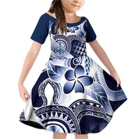 Aloha Blue Tribal Honu Tattoo Family Matching Off Shoulder Short Dress and Hawaiian Shirt LT9 Daughter's Dress Blue - Polynesian Pride