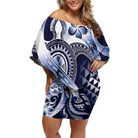 Aloha Blue Tribal Honu Tattoo Family Matching Off Shoulder Short Dress and Hawaiian Shirt LT9 Mom's Dress Blue - Polynesian Pride