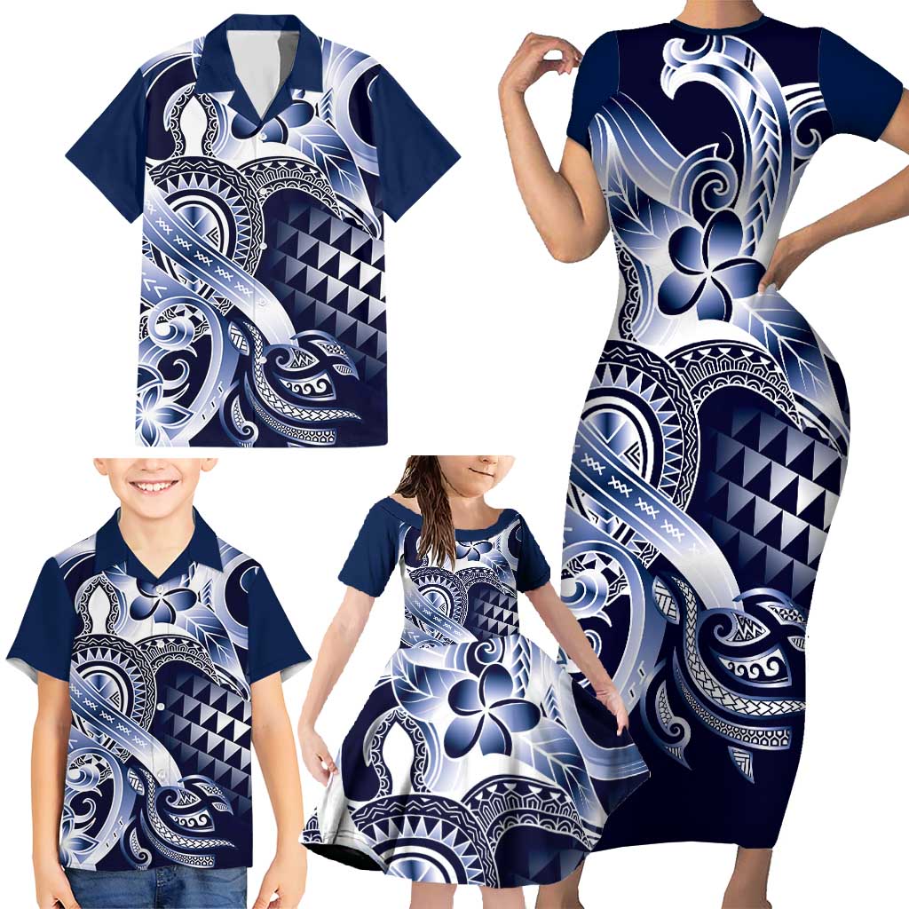 Aloha Blue Tribal Honu Tattoo Family Matching Short Sleeve Bodycon Dress and Hawaiian Shirt LT9 - Polynesian Pride