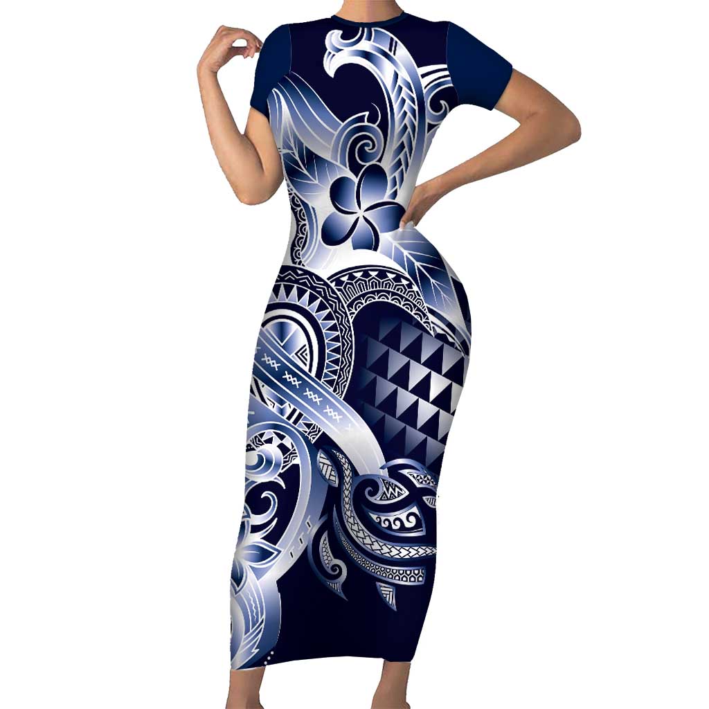 Aloha Blue Tribal Honu Tattoo Family Matching Short Sleeve Bodycon Dress and Hawaiian Shirt LT9 Mom's Dress Blue - Polynesian Pride