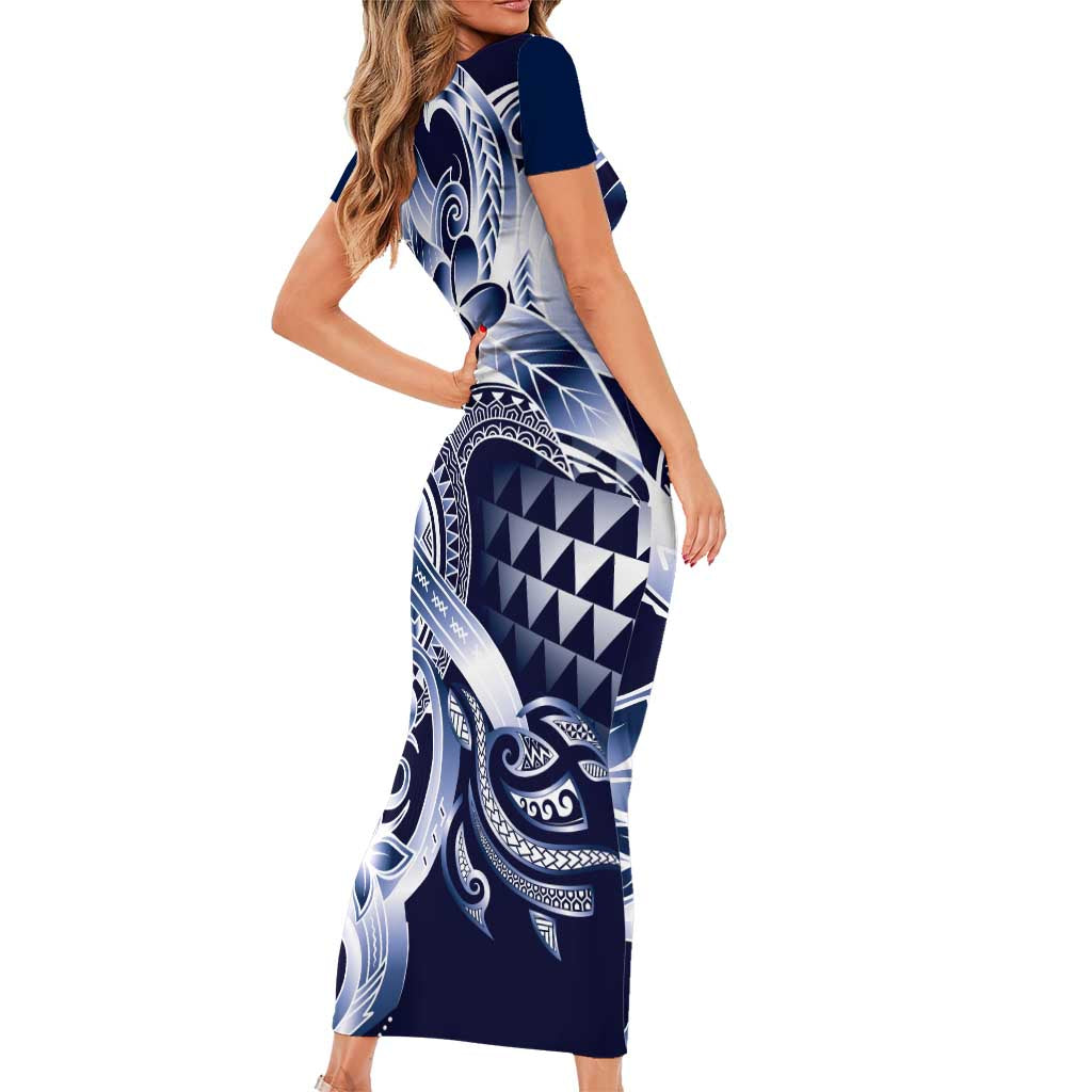 Aloha Blue Tribal Honu Tattoo Family Matching Short Sleeve Bodycon Dress and Hawaiian Shirt LT9 - Polynesian Pride