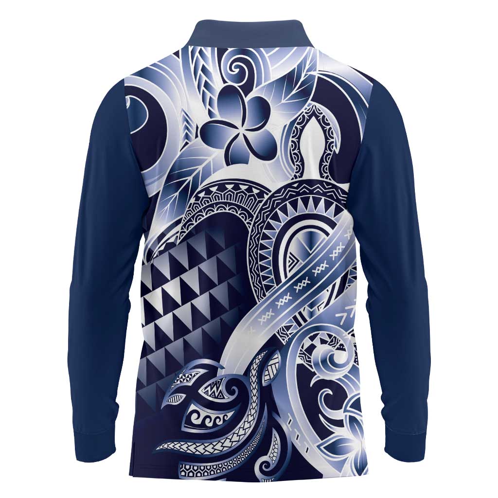 Aloha Blue Tribal Honu Tattoo Long Sleeve Polo Shirt