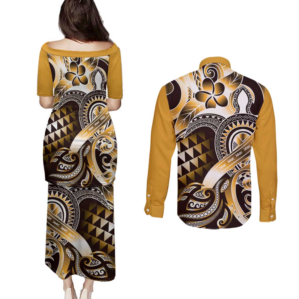 Aloha Gold Tribal Honu Tattoo Couples Matching Puletasi and Long Sleeve Button Shirt