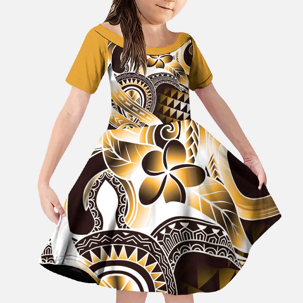 Aloha Gold Tribal Honu Tattoo Family Matching Long Sleeve Bodycon Dress and Hawaiian Shirt LT9 Daughter's Dress Gold - Polynesian Pride