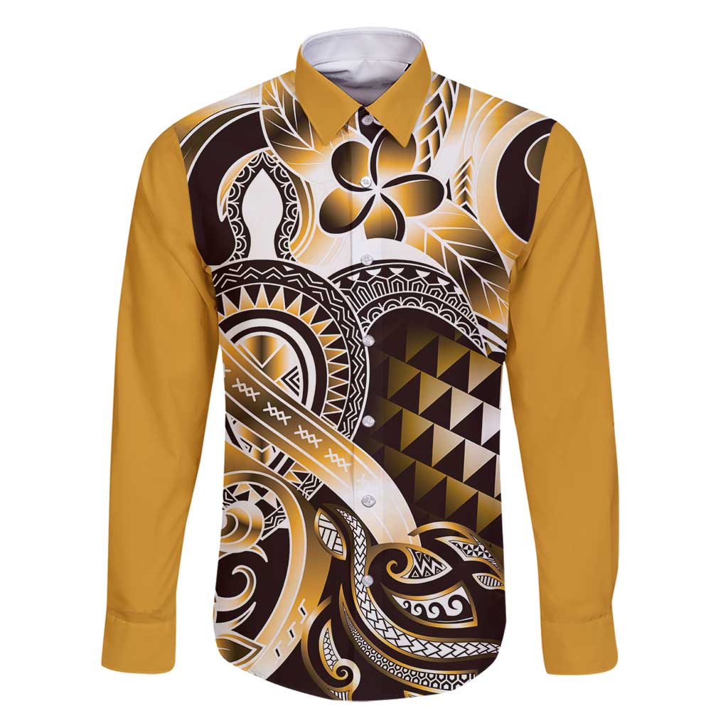 Aloha Gold Tribal Honu Tattoo Family Matching Long Sleeve Bodycon Dress and Hawaiian Shirt LT9 Dad's Shirt - Long Sleeve Gold - Polynesian Pride