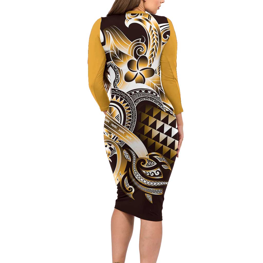 Aloha Gold Tribal Honu Tattoo Family Matching Long Sleeve Bodycon Dress and Hawaiian Shirt LT9 - Polynesian Pride