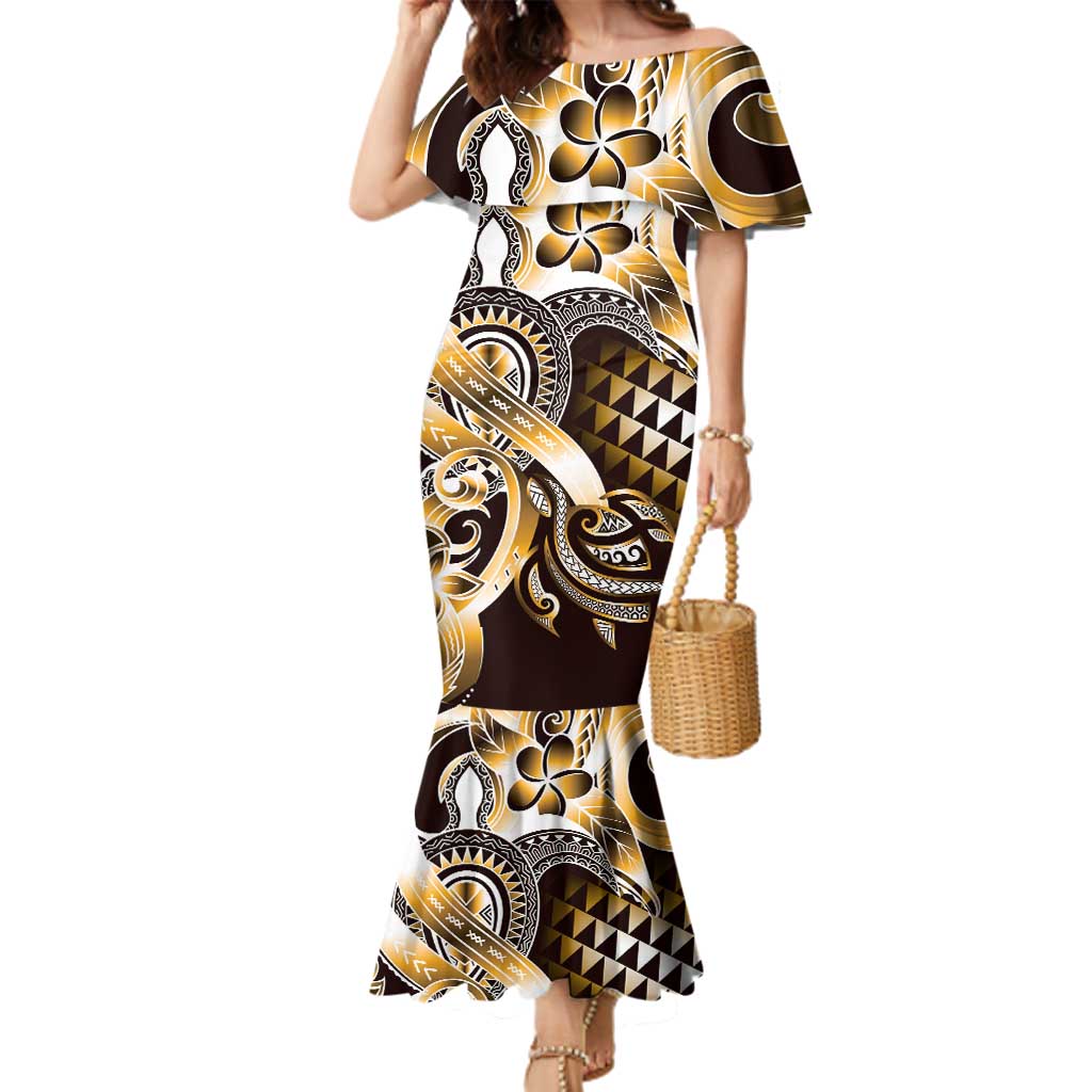 Aloha Gold Tribal Honu Tattoo Family Matching Mermaid Dress and Hawaiian Shirt LT9 Mom's Dress Gold - Polynesian Pride