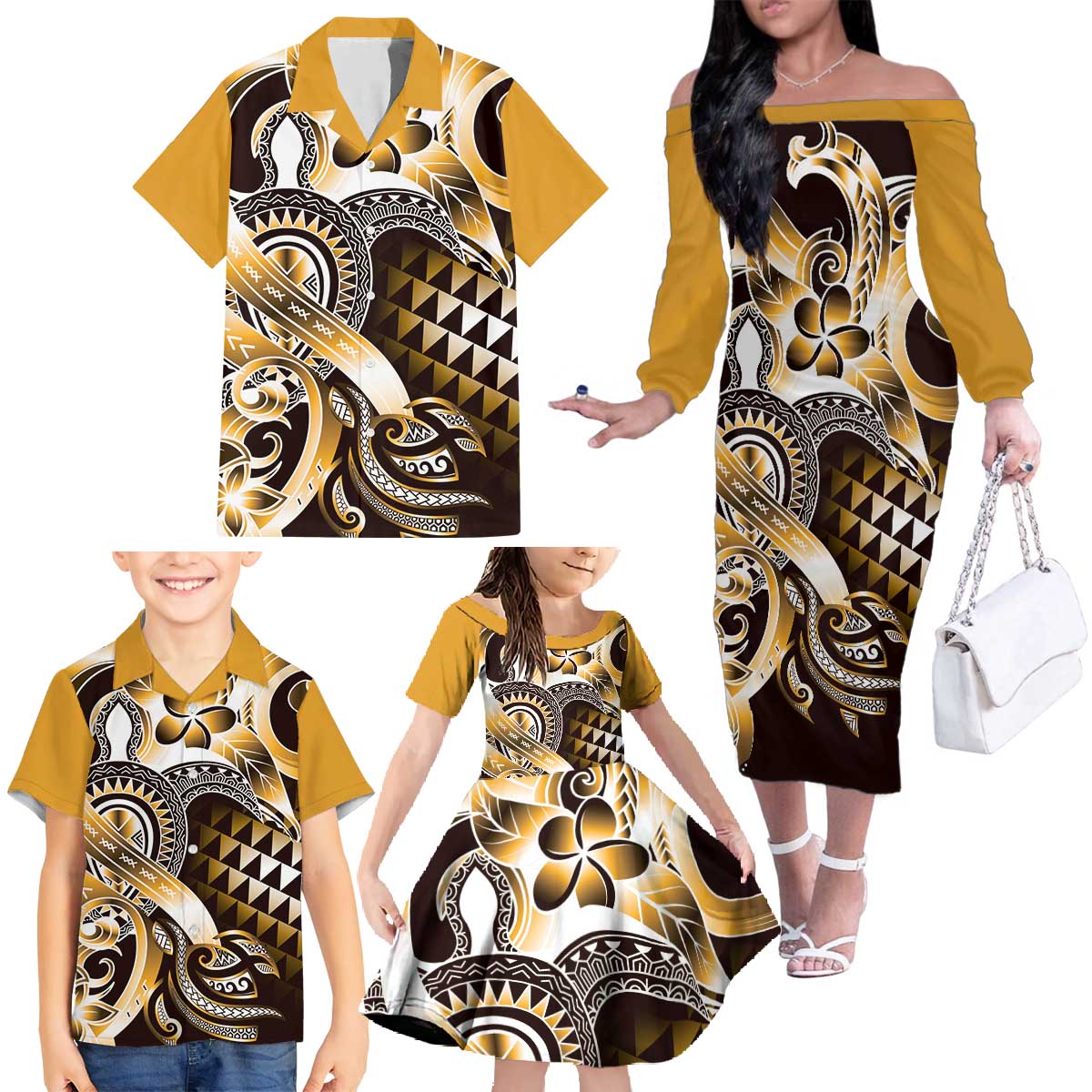 Aloha Gold Tribal Honu Tattoo Family Matching Off The Shoulder Long Sleeve Dress and Hawaiian Shirt LT9 - Polynesian Pride