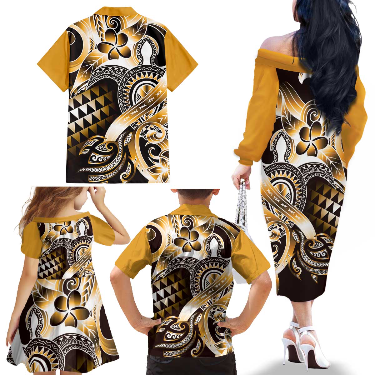 Aloha Gold Tribal Honu Tattoo Family Matching Off The Shoulder Long Sleeve Dress and Hawaiian Shirt LT9 - Polynesian Pride