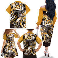 Aloha Gold Tribal Honu Tattoo Family Matching Off The Shoulder Long Sleeve Dress and Hawaiian Shirt LT9 - Polynesian Pride