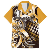 Aloha Gold Tribal Honu Tattoo Family Matching Off The Shoulder Long Sleeve Dress and Hawaiian Shirt LT9 Dad's Shirt - Short Sleeve Gold - Polynesian Pride
