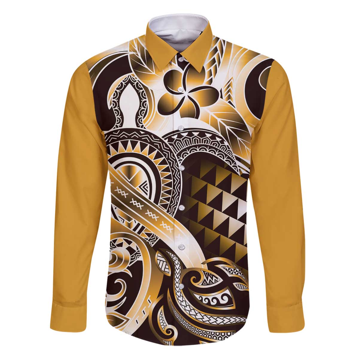 Aloha Gold Tribal Honu Tattoo Family Matching Off The Shoulder Long Sleeve Dress and Hawaiian Shirt LT9 Dad's Shirt - Long Sleeve Gold - Polynesian Pride