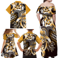 Aloha Gold Tribal Honu Tattoo Family Matching Off Shoulder Maxi Dress and Hawaiian Shirt LT9 - Polynesian Pride