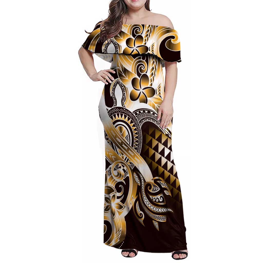 Aloha Gold Tribal Honu Tattoo Family Matching Off Shoulder Maxi Dress and Hawaiian Shirt LT9 Mom's Dress Gold - Polynesian Pride