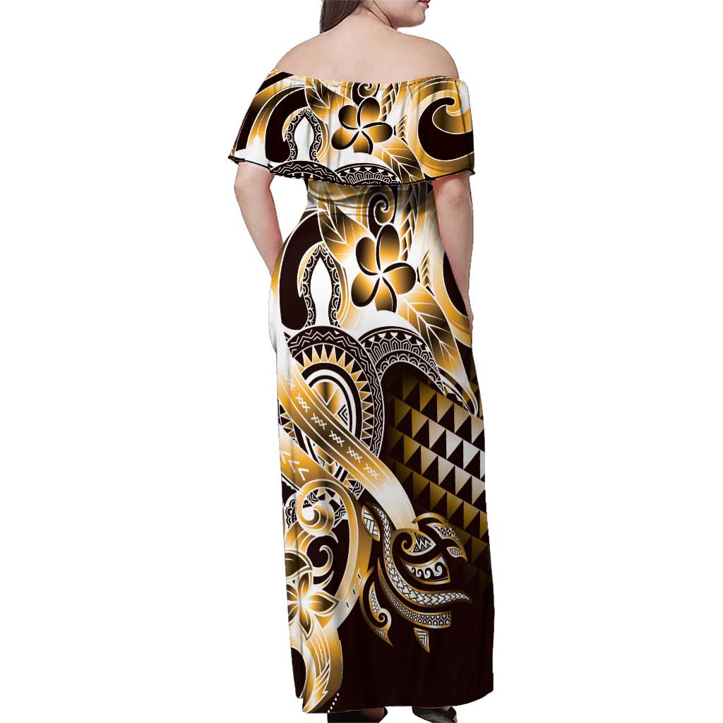Aloha Gold Tribal Honu Tattoo Family Matching Off Shoulder Maxi Dress and Hawaiian Shirt LT9 - Polynesian Pride