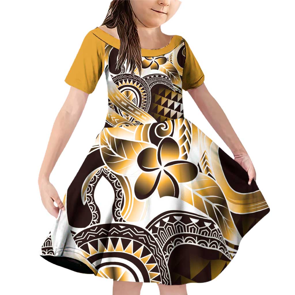 Aloha Gold Tribal Honu Tattoo Family Matching Off Shoulder Short Dress and Hawaiian Shirt LT9 Daughter's Dress Gold - Polynesian Pride