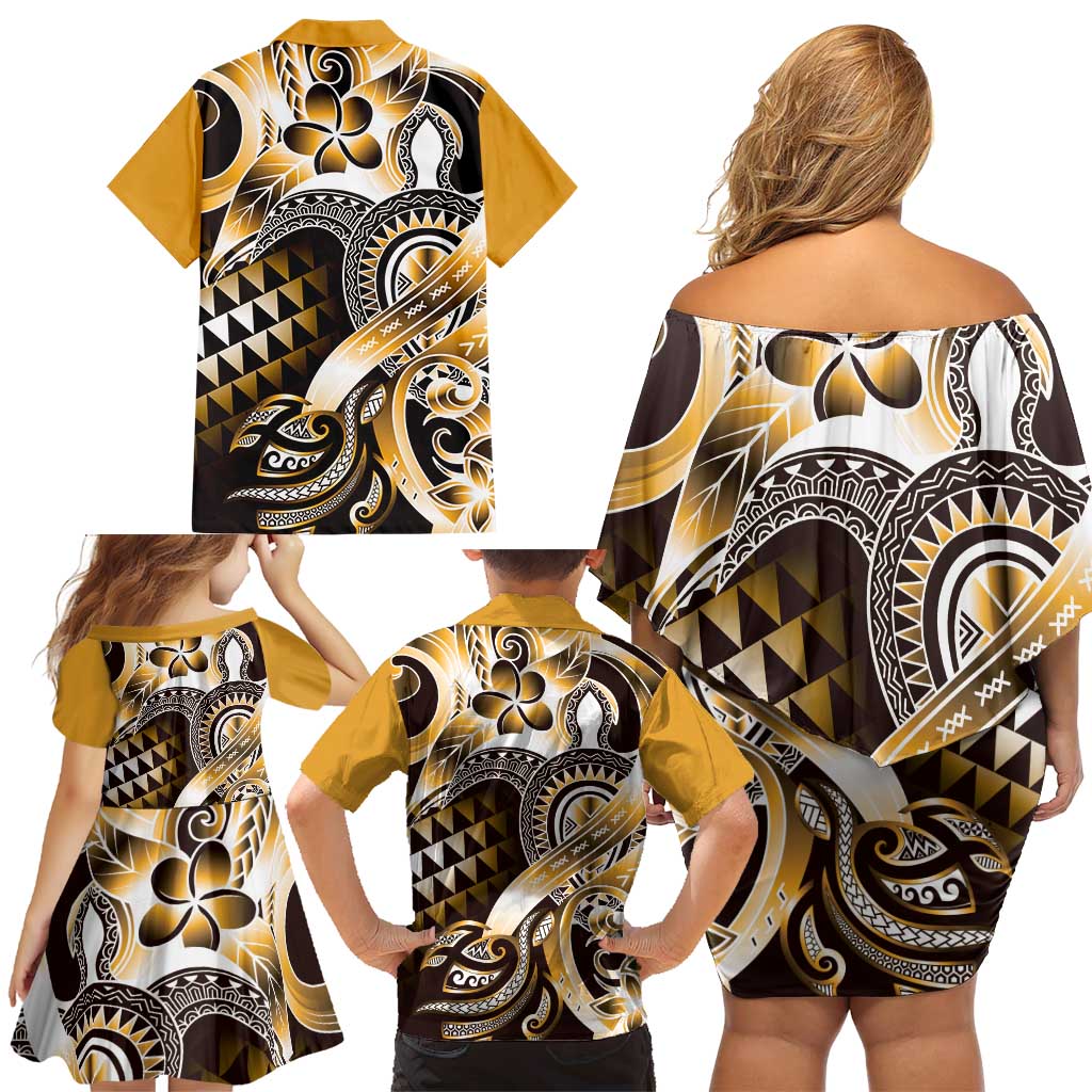 Aloha Gold Tribal Honu Tattoo Family Matching Off Shoulder Short Dress and Hawaiian Shirt LT9 - Polynesian Pride