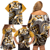Aloha Gold Tribal Honu Tattoo Family Matching Off Shoulder Short Dress and Hawaiian Shirt LT9 - Polynesian Pride