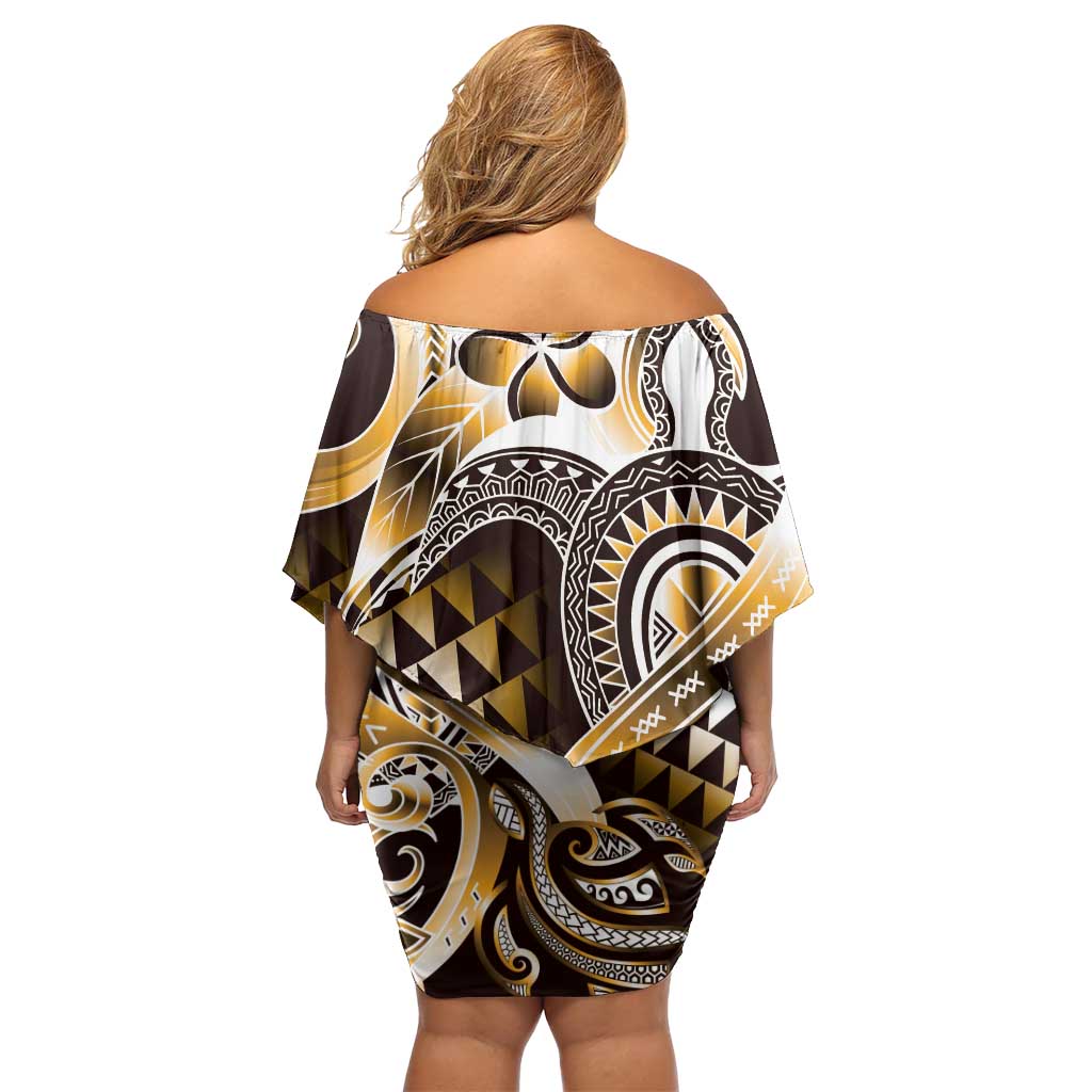 Aloha Gold Tribal Honu Tattoo Family Matching Off Shoulder Short Dress and Hawaiian Shirt LT9 - Polynesian Pride