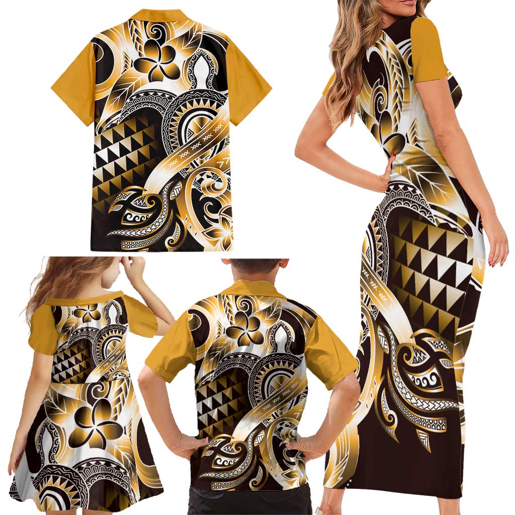 Aloha Gold Tribal Honu Tattoo Family Matching Short Sleeve Bodycon Dress and Hawaiian Shirt LT9 - Polynesian Pride