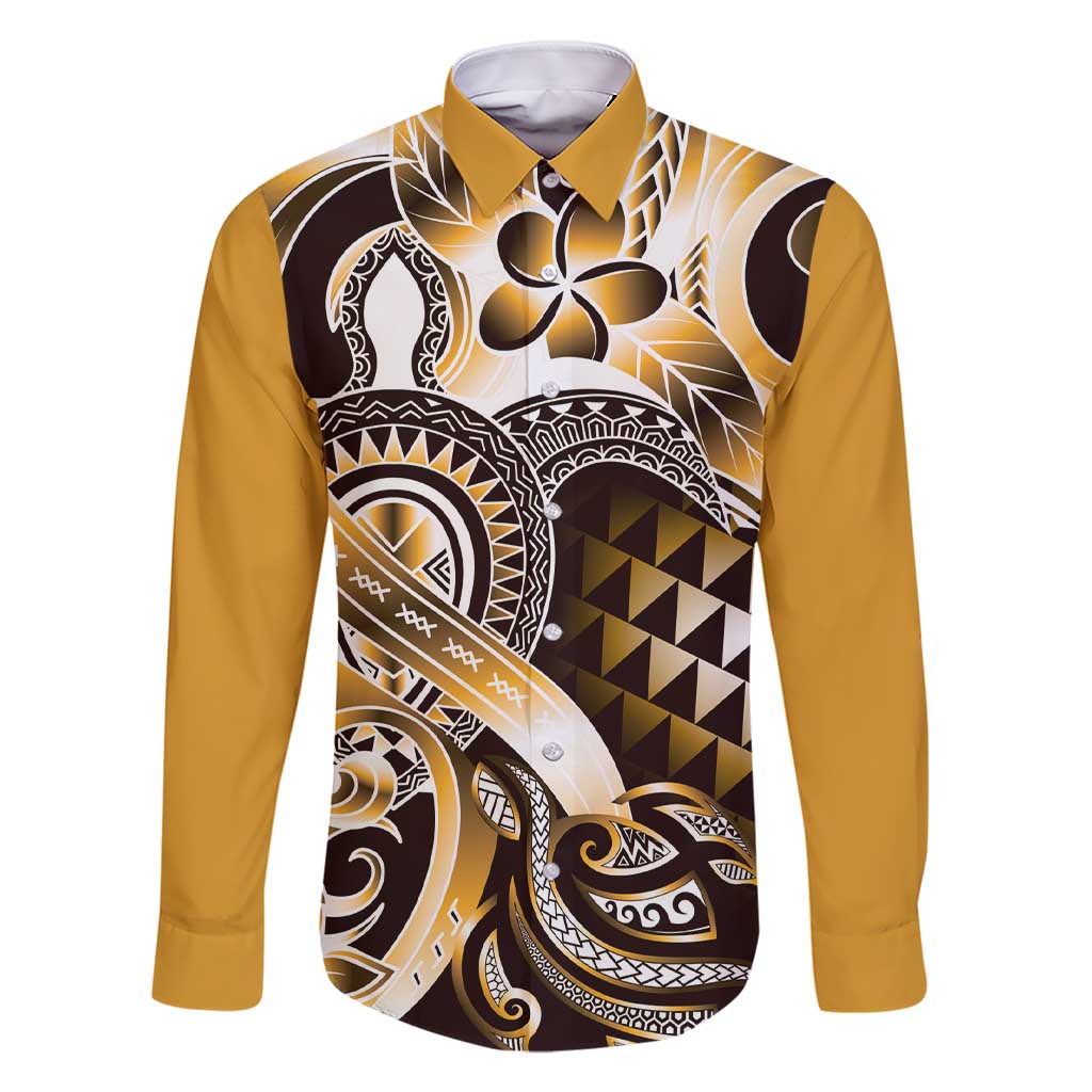 Aloha Gold Tribal Honu Tattoo Family Matching Short Sleeve Bodycon Dress and Hawaiian Shirt LT9 Dad's Shirt - Long Sleeve Gold - Polynesian Pride