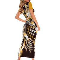 Aloha Gold Tribal Honu Tattoo Family Matching Short Sleeve Bodycon Dress and Hawaiian Shirt LT9 - Polynesian Pride