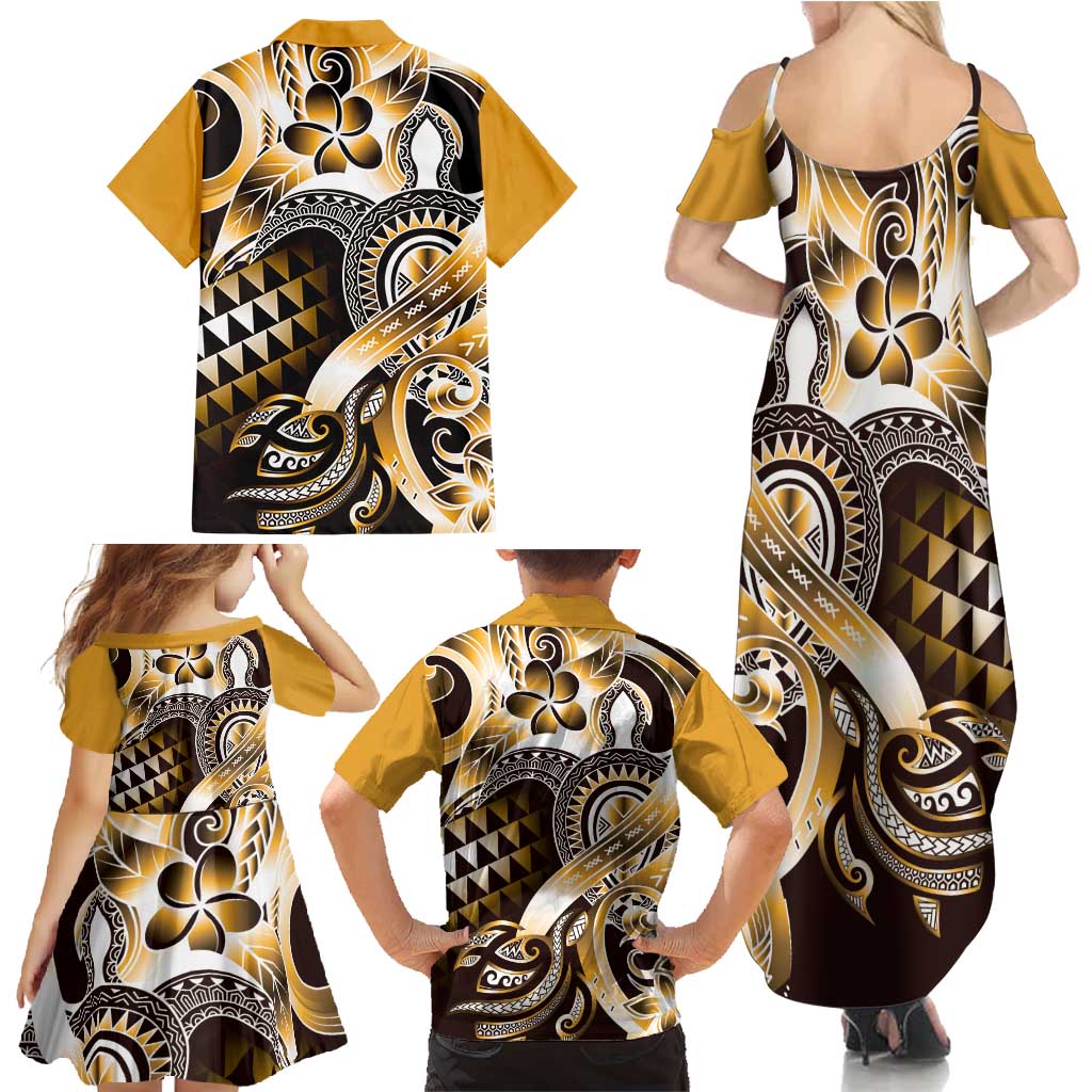 Aloha Gold Tribal Honu Tattoo Family Matching Summer Maxi Dress and Hawaiian Shirt LT9 - Polynesian Pride