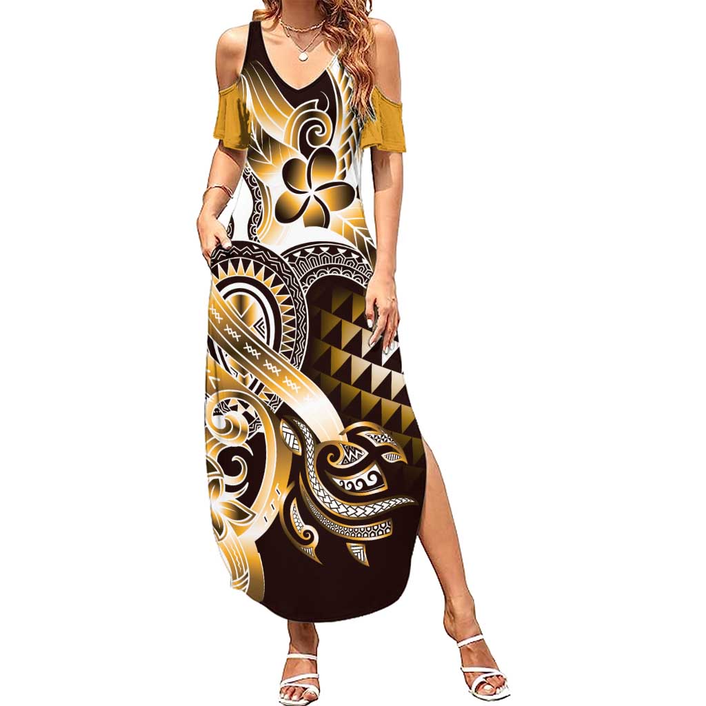 Aloha Gold Tribal Honu Tattoo Family Matching Summer Maxi Dress and Hawaiian Shirt LT9 Mom's Dress Gold - Polynesian Pride