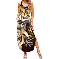Aloha Gold Tribal Honu Tattoo Family Matching Summer Maxi Dress and Hawaiian Shirt LT9 Mom's Dress Gold - Polynesian Pride