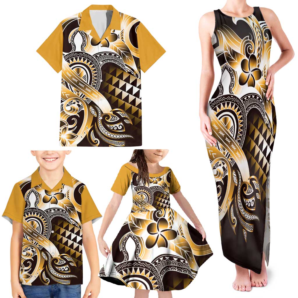 Aloha Gold Tribal Honu Tattoo Family Matching Tank Maxi Dress and Hawaiian Shirt LT9 - Polynesian Pride