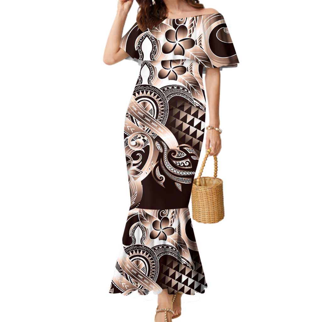 Aloha Mocha Mousse Tribal Honu Tattoo Family Matching Mermaid Dress and Hawaiian Shirt LT9 Mom's Dress Mocha Mousse - Polynesian Pride