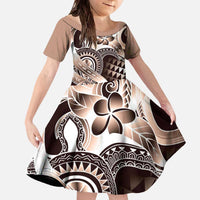 Aloha Mocha Mousse Tribal Honu Tattoo Family Matching Off The Shoulder Long Sleeve Dress and Hawaiian Shirt LT9 Daughter's Dress Mocha Mousse - Polynesian Pride