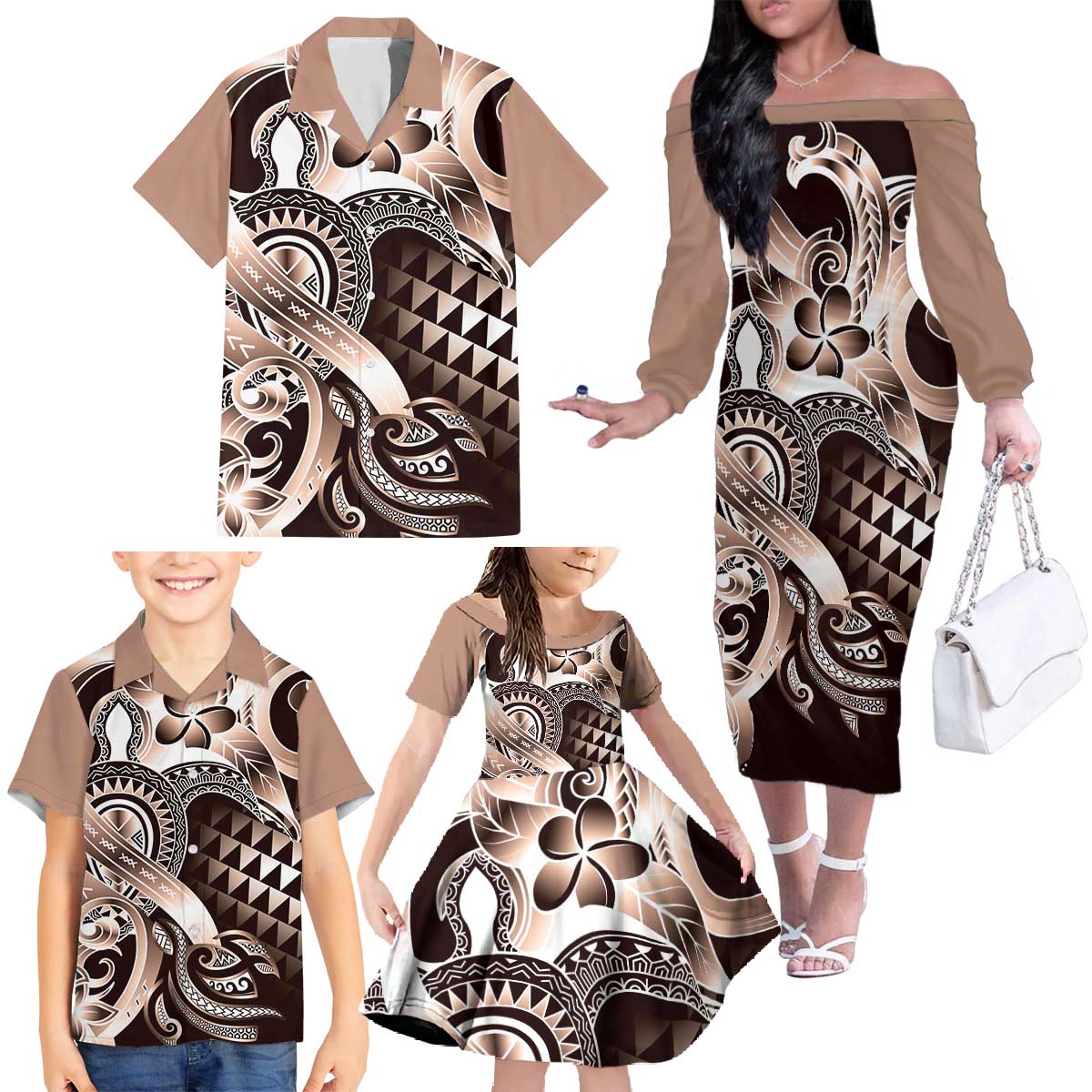 Aloha Mocha Mousse Tribal Honu Tattoo Family Matching Off The Shoulder Long Sleeve Dress and Hawaiian Shirt LT9 - Polynesian Pride