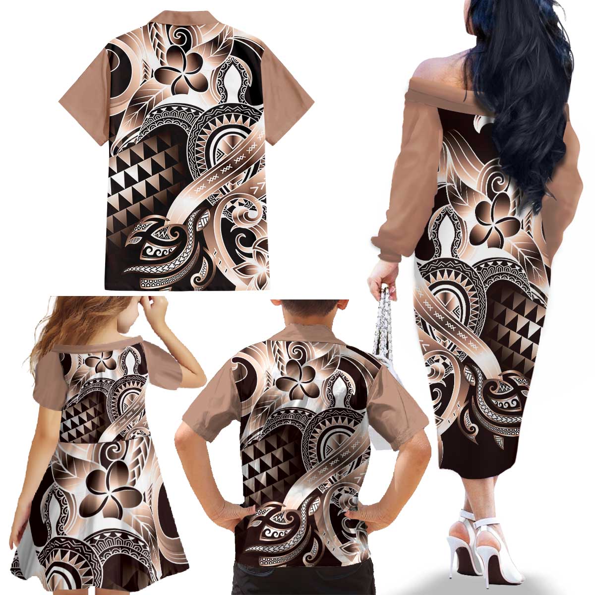 Aloha Mocha Mousse Tribal Honu Tattoo Family Matching Off The Shoulder Long Sleeve Dress and Hawaiian Shirt LT9 - Polynesian Pride