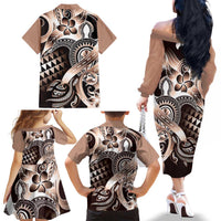 Aloha Mocha Mousse Tribal Honu Tattoo Family Matching Off The Shoulder Long Sleeve Dress and Hawaiian Shirt LT9 - Polynesian Pride
