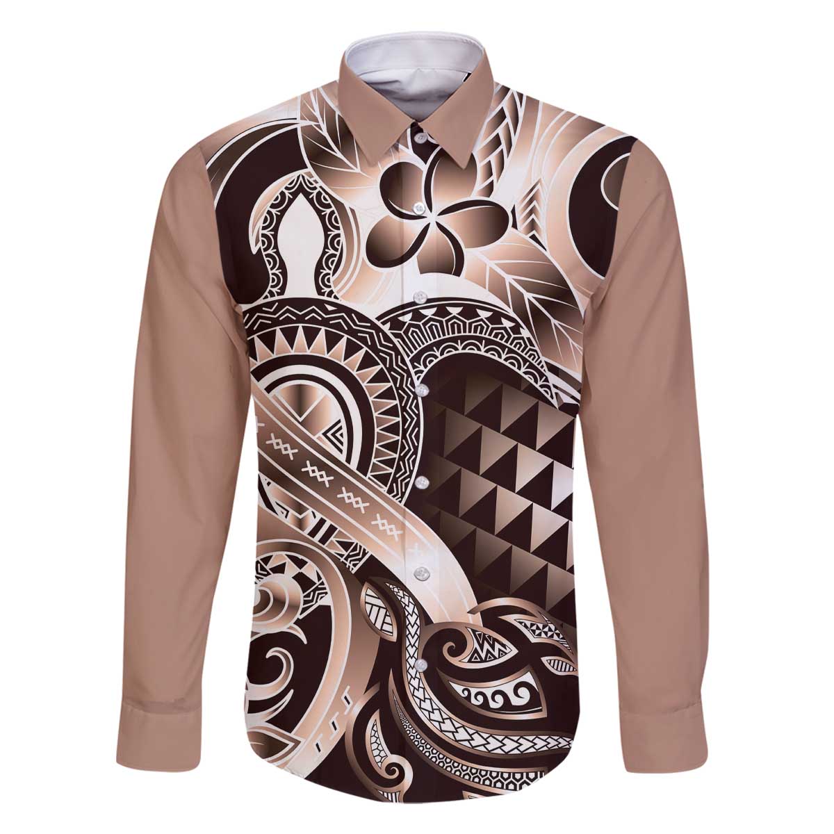 Aloha Mocha Mousse Tribal Honu Tattoo Family Matching Off The Shoulder Long Sleeve Dress and Hawaiian Shirt LT9 Dad's Shirt - Long Sleeve Mocha Mousse - Polynesian Pride