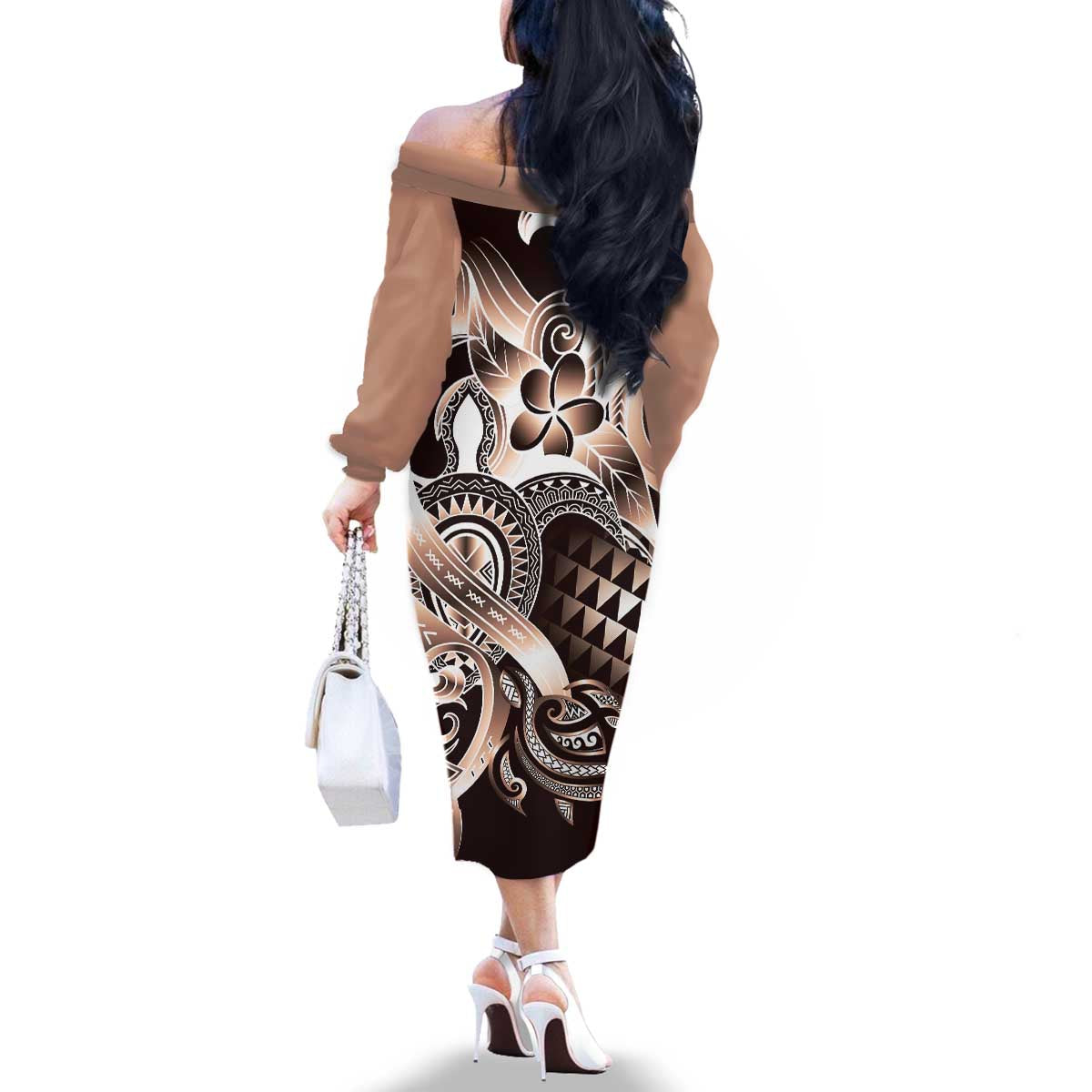 Aloha Mocha Mousse Tribal Honu Tattoo Family Matching Off The Shoulder Long Sleeve Dress and Hawaiian Shirt LT9 - Polynesian Pride