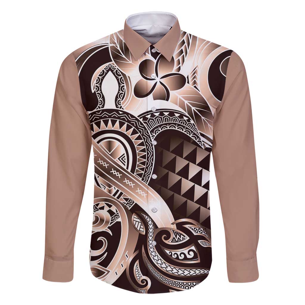 Aloha Mocha Mousse Tribal Honu Tattoo Family Matching Off Shoulder Maxi Dress and Hawaiian Shirt LT9 Dad's Shirt - Long Sleeve Mocha Mousse - Polynesian Pride