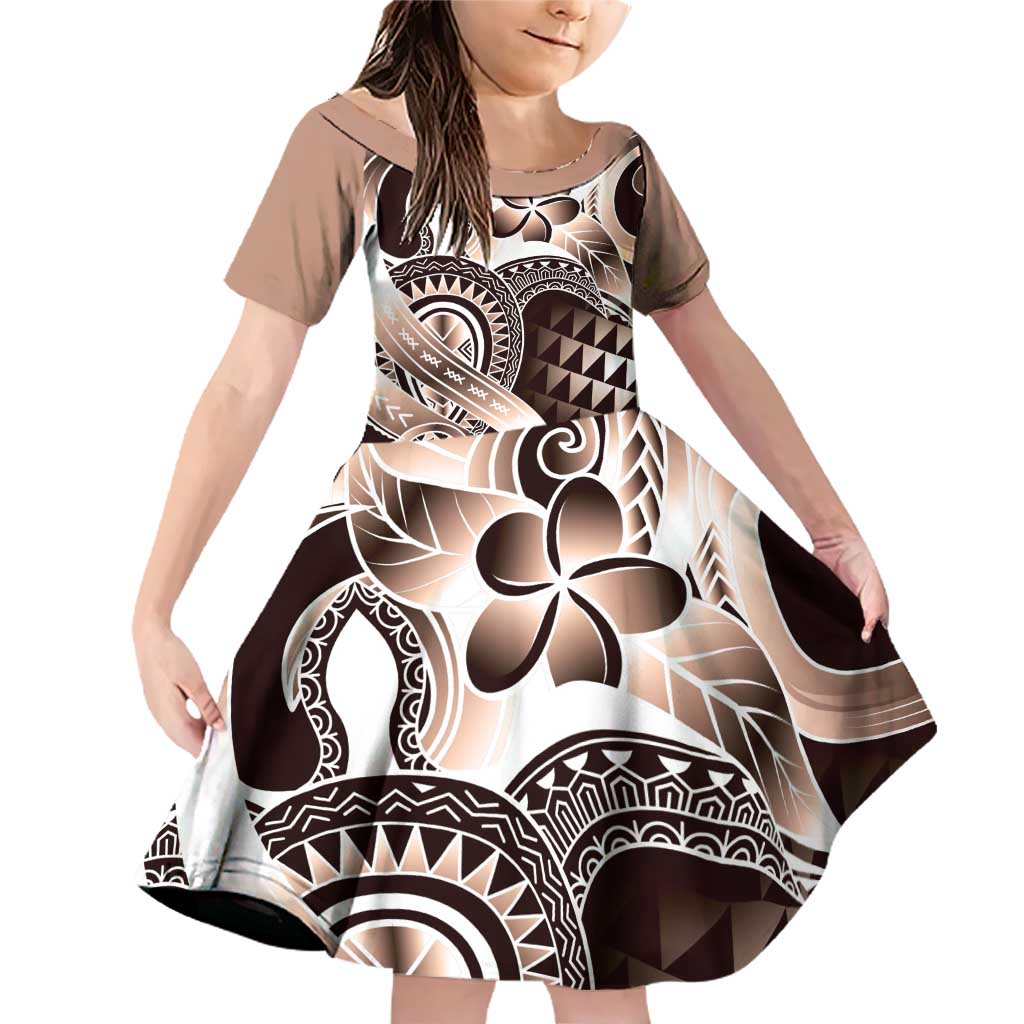 Aloha Mocha Mousse Tribal Honu Tattoo Family Matching Off Shoulder Short Dress and Hawaiian Shirt LT9 Daughter's Dress Mocha Mousse - Polynesian Pride