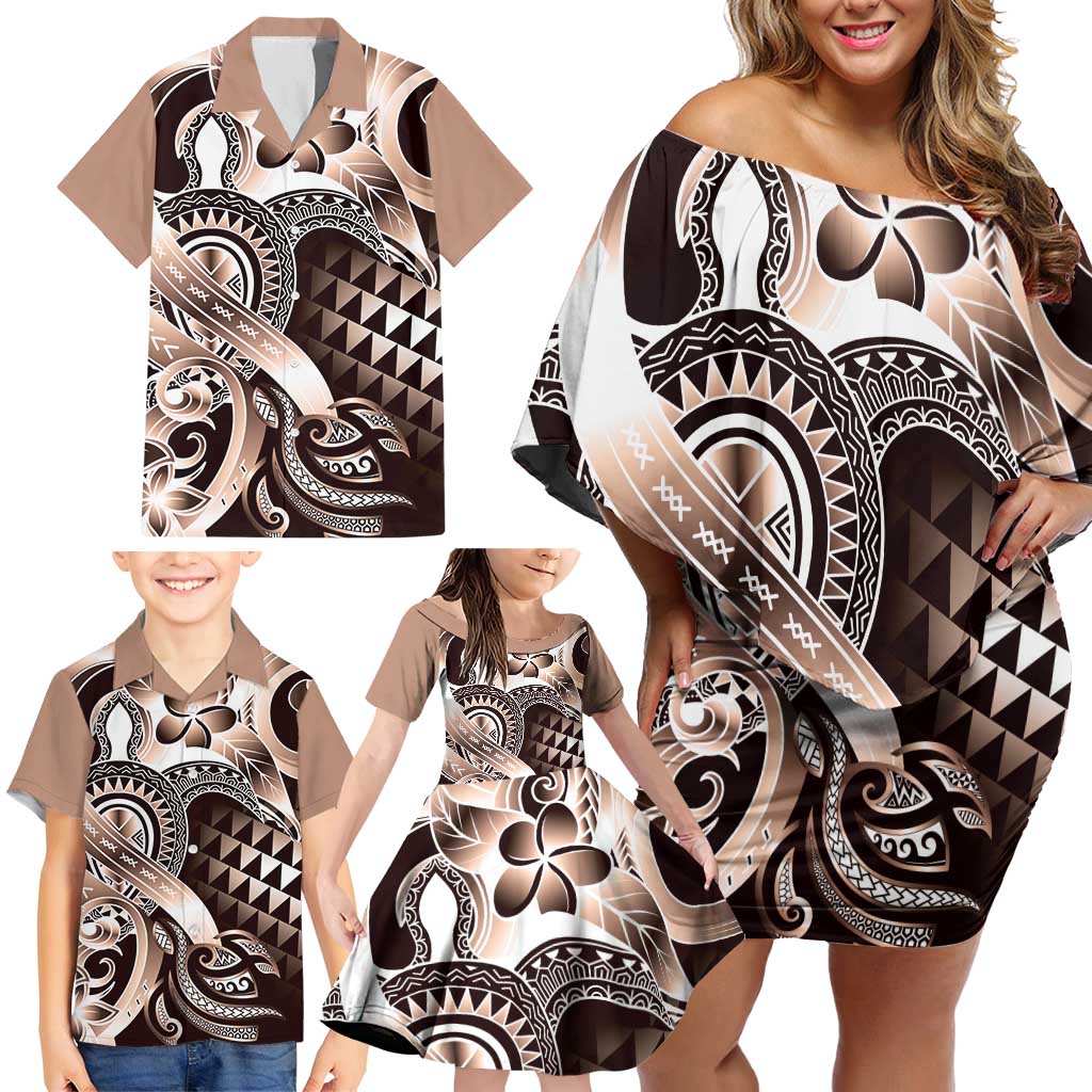 Aloha Mocha Mousse Tribal Honu Tattoo Family Matching Off Shoulder Short Dress and Hawaiian Shirt LT9 - Polynesian Pride