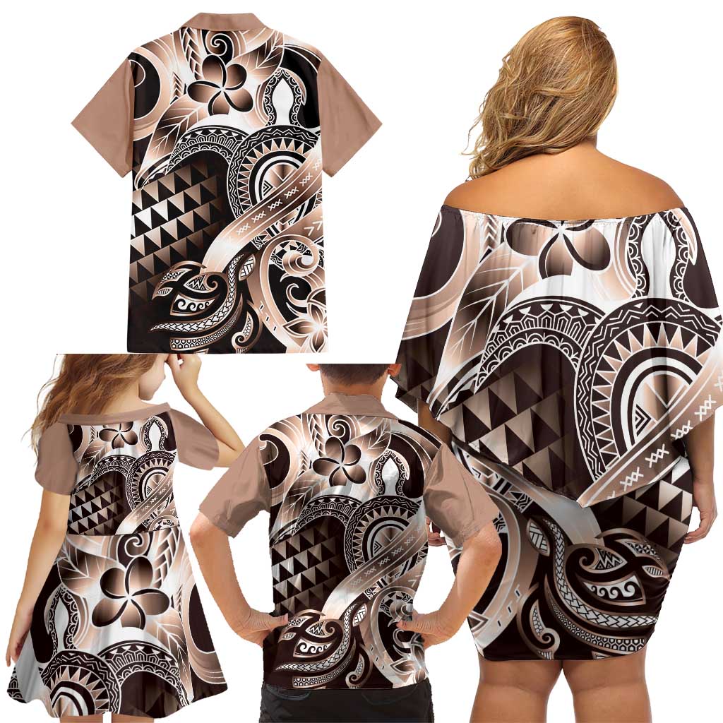 Aloha Mocha Mousse Tribal Honu Tattoo Family Matching Off Shoulder Short Dress and Hawaiian Shirt LT9 - Polynesian Pride