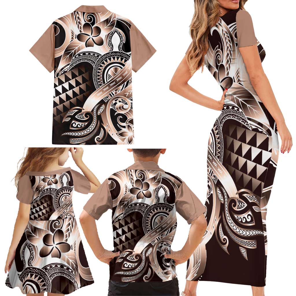Aloha Mocha Mousse Tribal Honu Tattoo Family Matching Short Sleeve Bodycon Dress and Hawaiian Shirt LT9 - Polynesian Pride