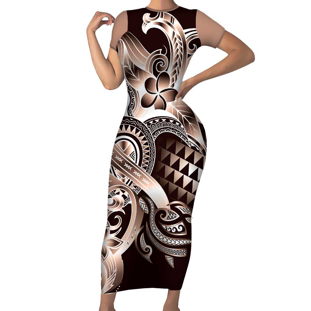 Aloha Mocha Mousse Tribal Honu Tattoo Family Matching Short Sleeve Bodycon Dress and Hawaiian Shirt LT9 Mom's Dress Mocha Mousse - Polynesian Pride