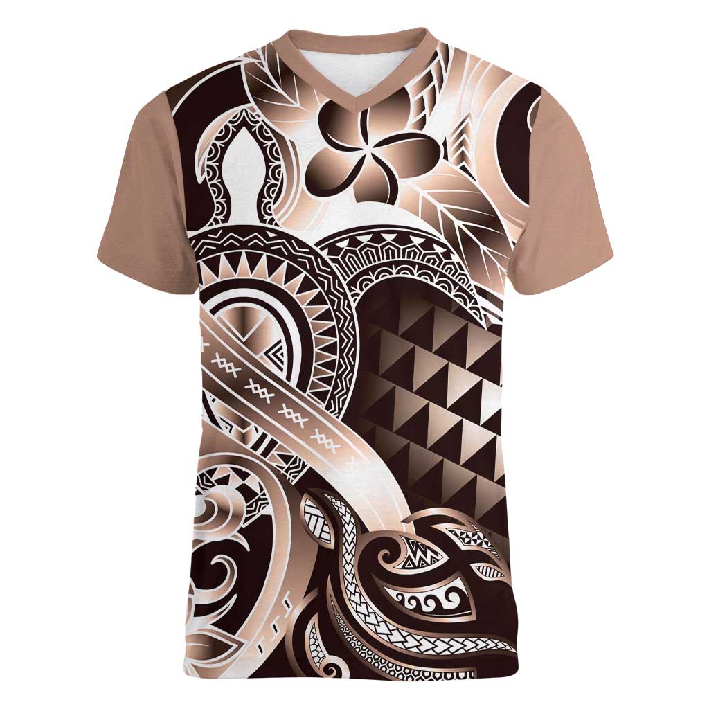 Aloha Mocha Mousse Tribal Honu Tattoo Women V-Neck T-Shirt