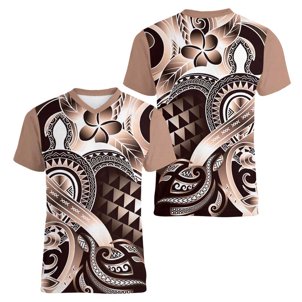 Aloha Mocha Mousse Tribal Honu Tattoo Women V-Neck T-Shirt