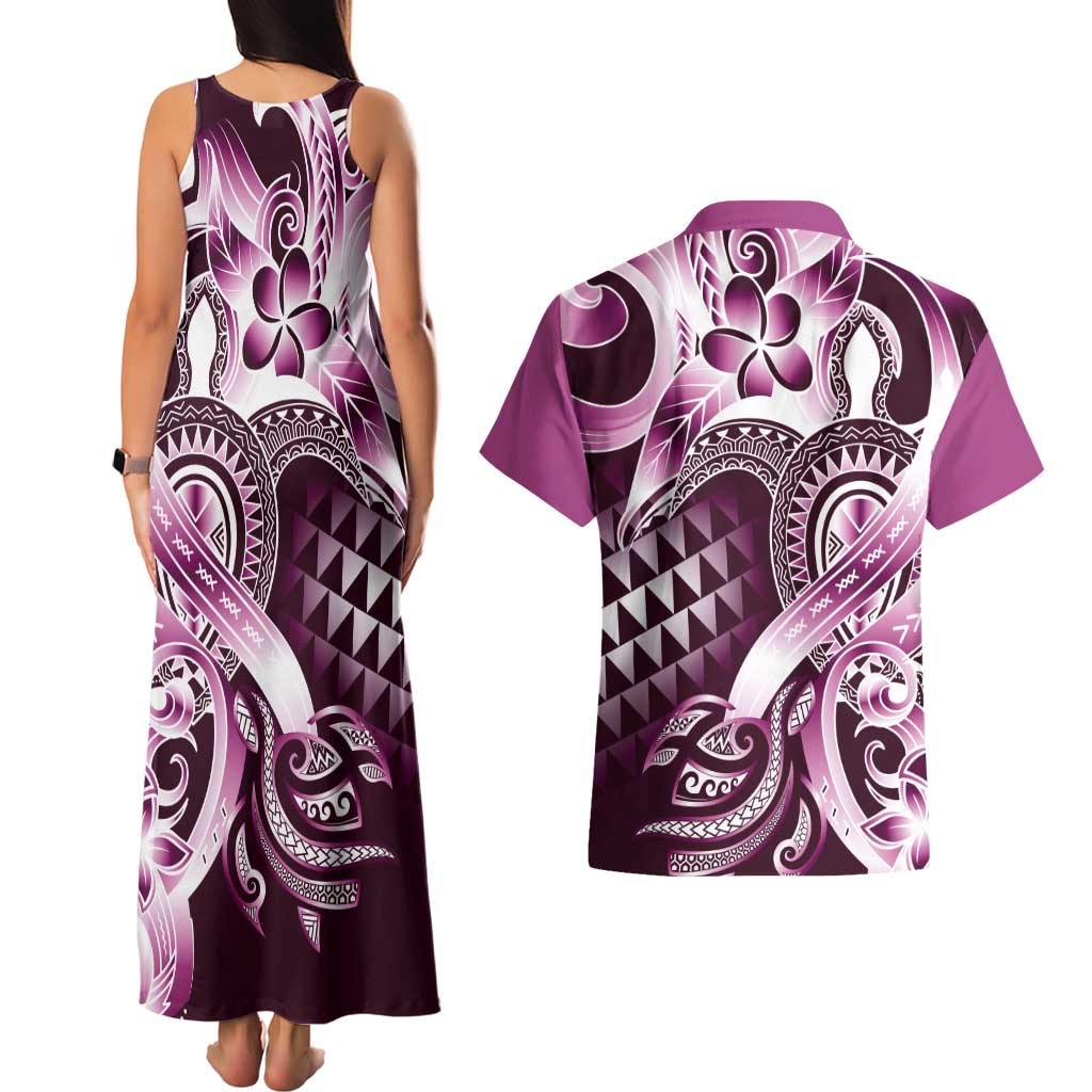 Aloha Pink Tribal Honu Tattoo Couples Matching Tank Maxi Dress and Hawaiian Shirt