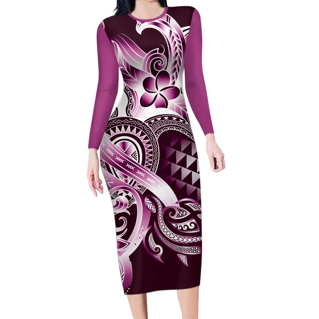 Aloha Pink Tribal Honu Tattoo Family Matching Long Sleeve Bodycon Dress and Hawaiian Shirt LT9 Mom's Dress Pink - Polynesian Pride