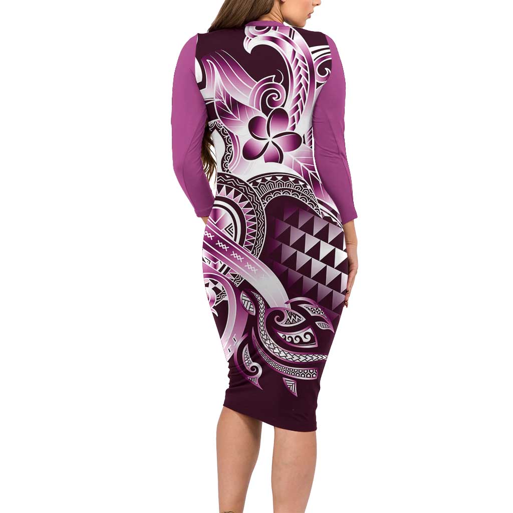 Aloha Pink Tribal Honu Tattoo Family Matching Long Sleeve Bodycon Dress and Hawaiian Shirt LT9 - Polynesian Pride