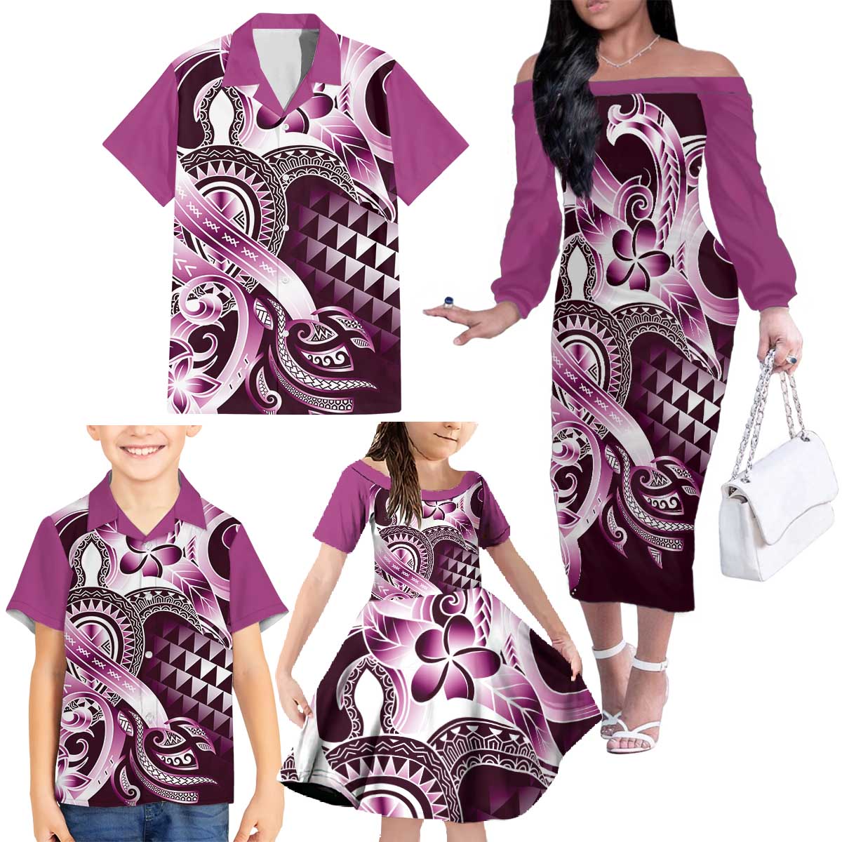 Aloha Pink Tribal Honu Tattoo Family Matching Off The Shoulder Long Sleeve Dress and Hawaiian Shirt LT9 - Polynesian Pride