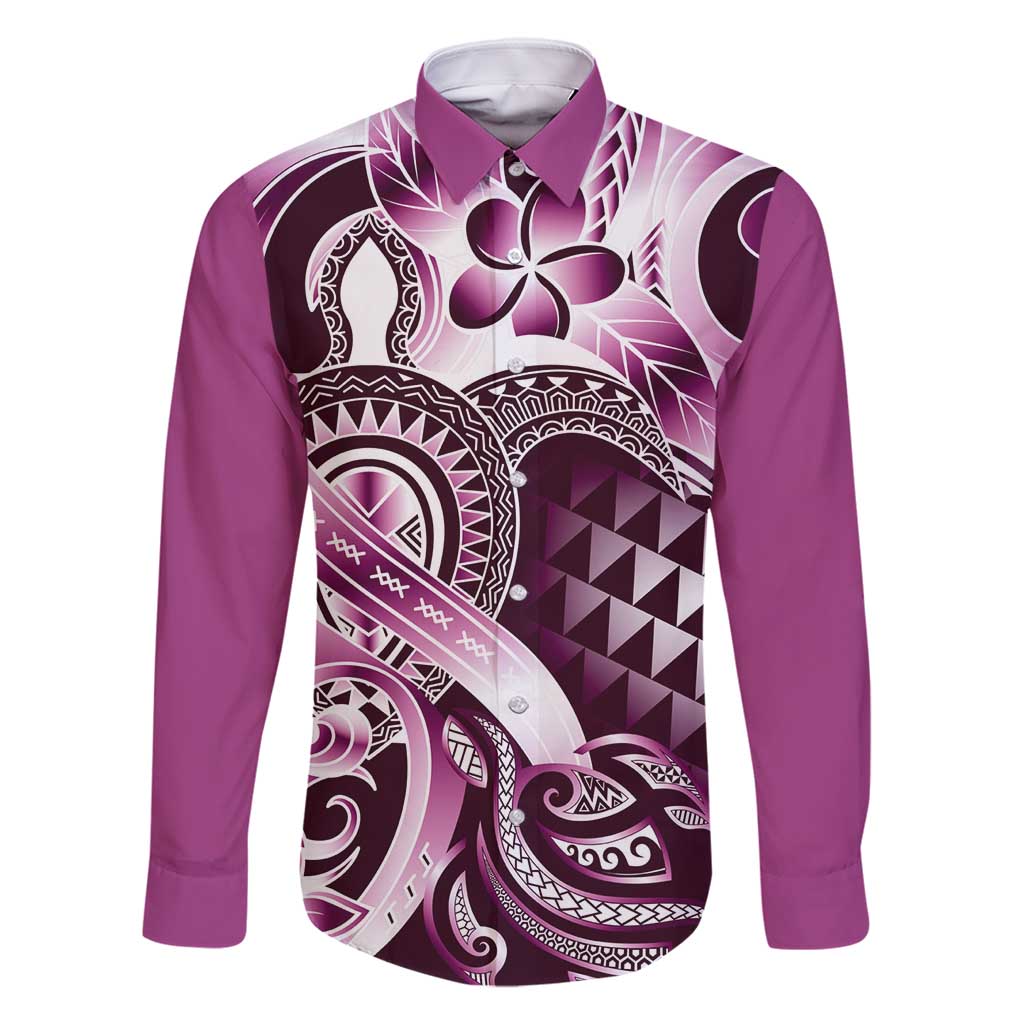 Aloha Pink Tribal Honu Tattoo Family Matching Off Shoulder Maxi Dress and Hawaiian Shirt LT9 Dad's Shirt - Long Sleeve Pink - Polynesian Pride